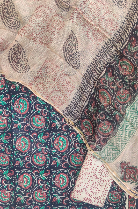 (KALAMKARI) Hand Block Printed Cotton Suit with Cotton Kota Doria Dupatta
