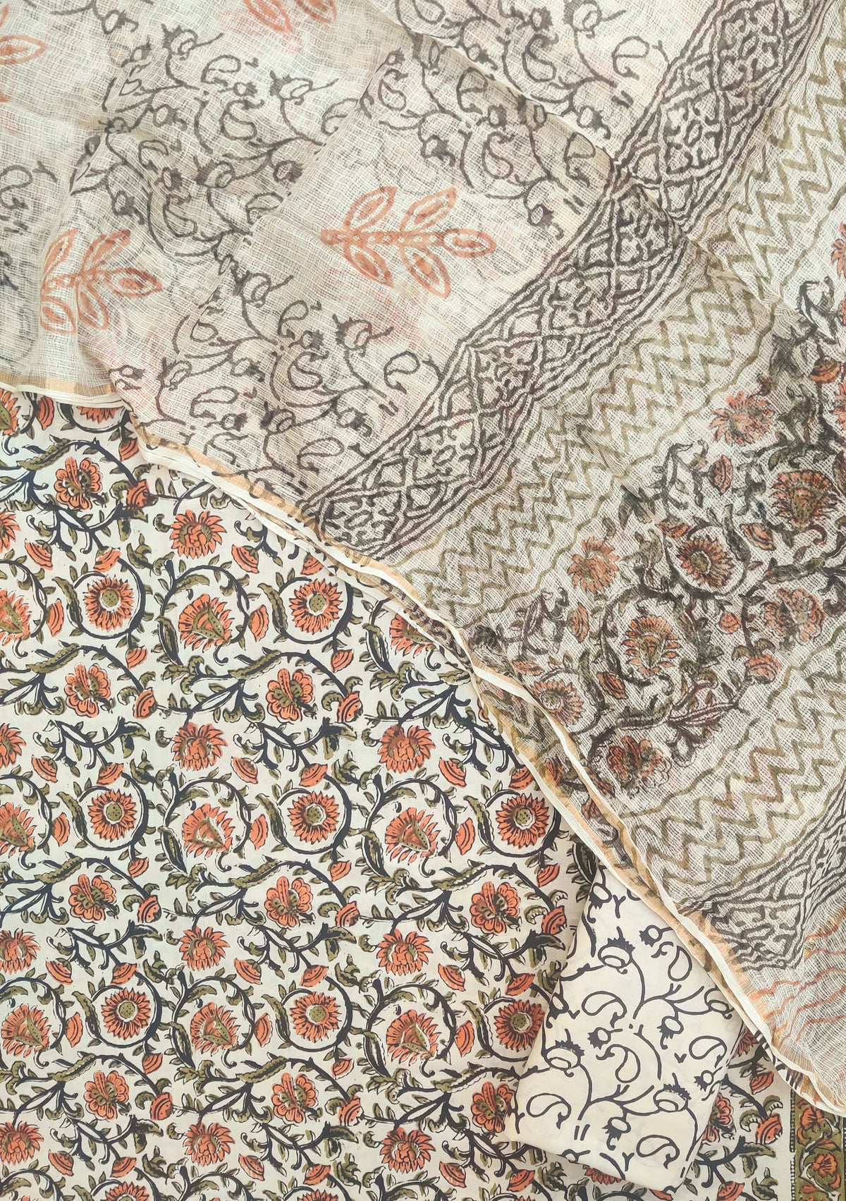 (KALAMKARI) Hand Block Printed Cotton Suit with Cotton Kota Doria Dupatta