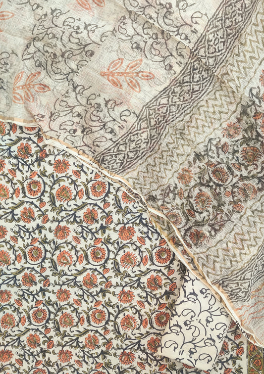 (KALAMKARI) Hand Block Printed Cotton Suit with Cotton Kota Doria Dupatta