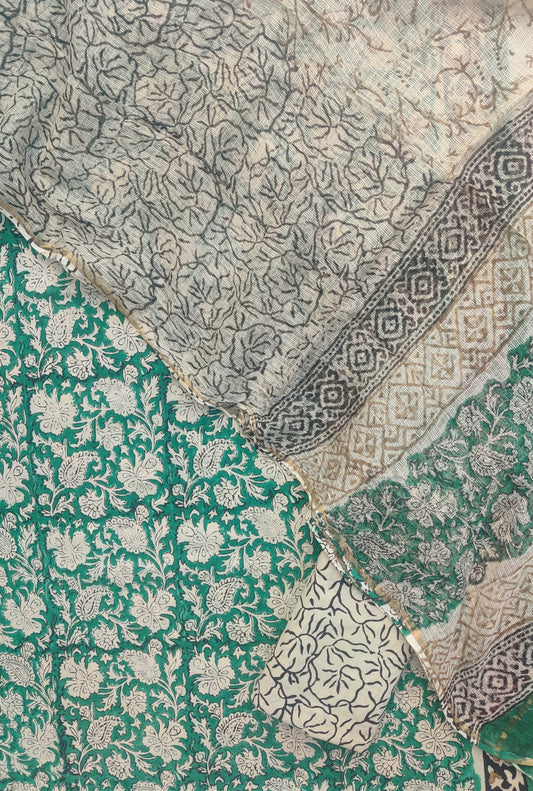 (KALAMKARI) Hand Block Printed Cotton Suit with Cotton Kota Doria Dupatta