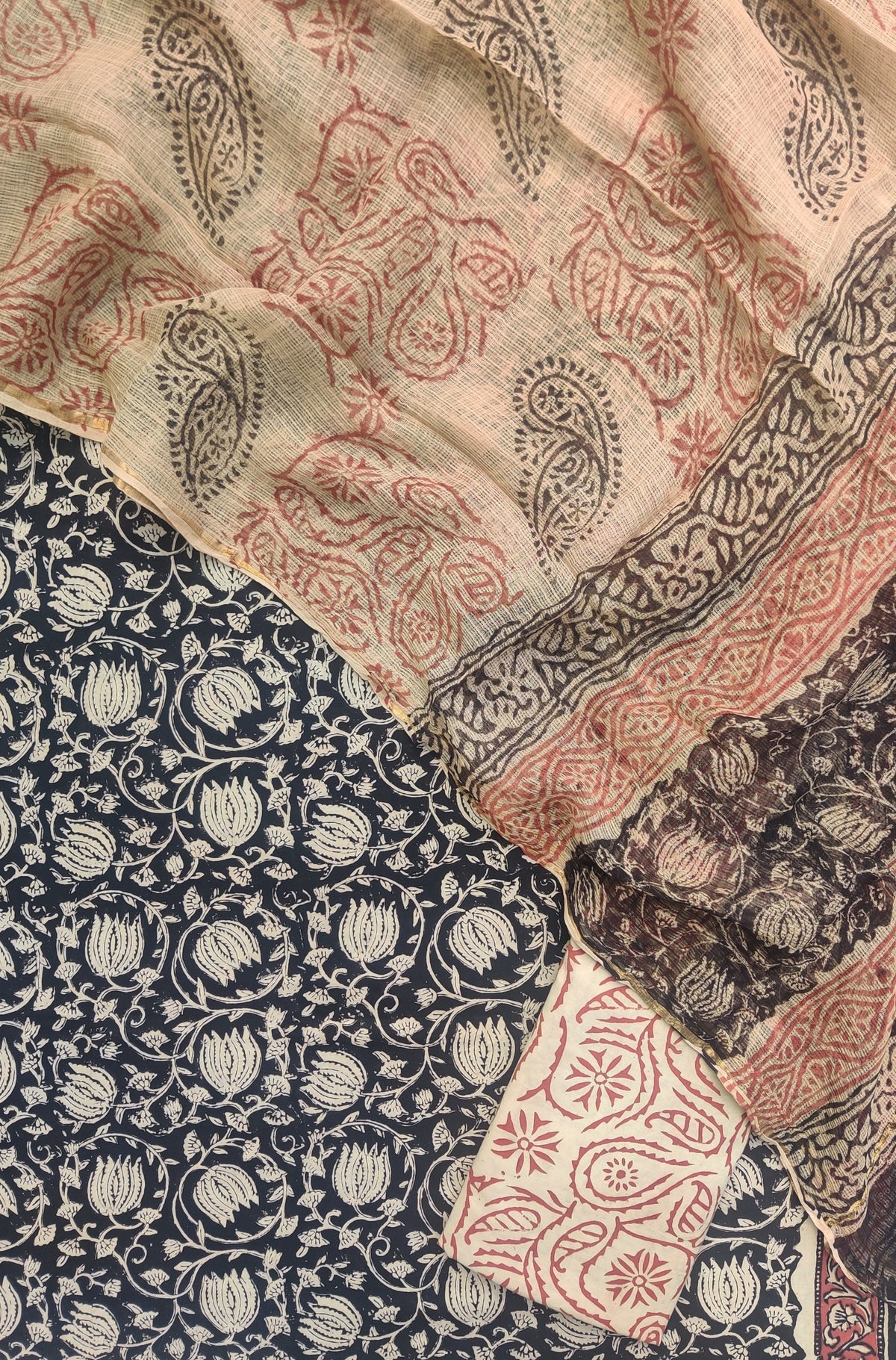 (KALAMKARI) Hand Block Printed Cotton Suit with Cotton Kota Doria Dupatta