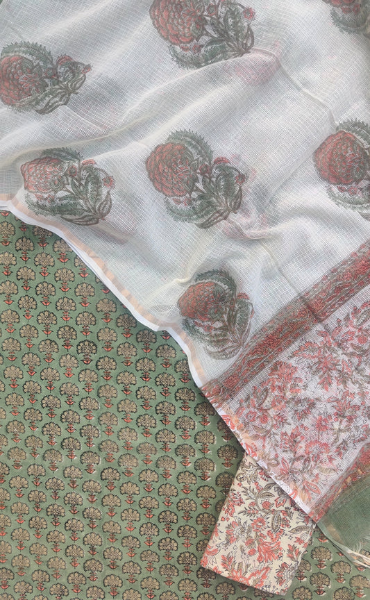 Hand Block Printed Cotton Suit with Cotton Kota Doria dupatta