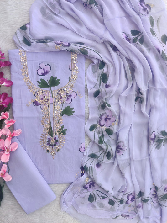 FLORAL PRINTED COTTON GOTA PATTI SUIT WITH CHIFFON DUPATTA