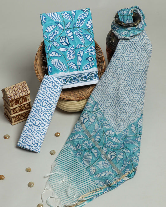 Hand Block Printed Cotton Suit with Chanderi Dupatta