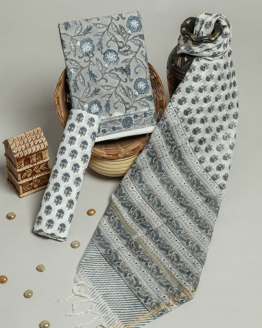 Hand Block Printed Cotton Suit with Chanderi Dupatta