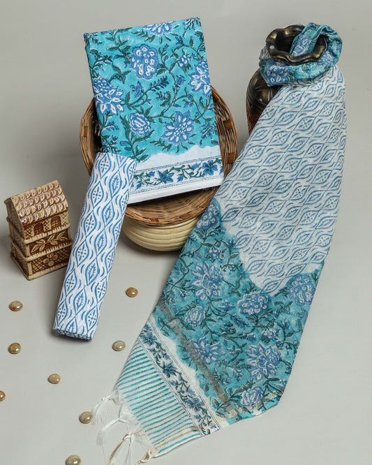 Hand Block Printed Cotton Suit with Chanderi Dupatta
