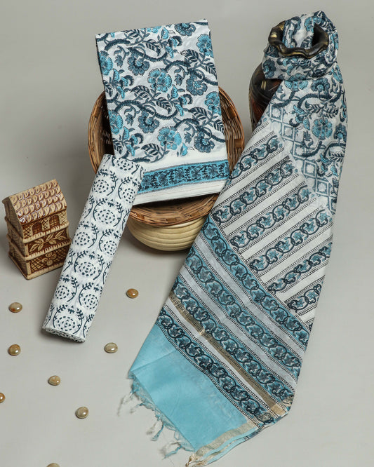 Hand Block Printed Cotton Suit with Chanderi Dupatta