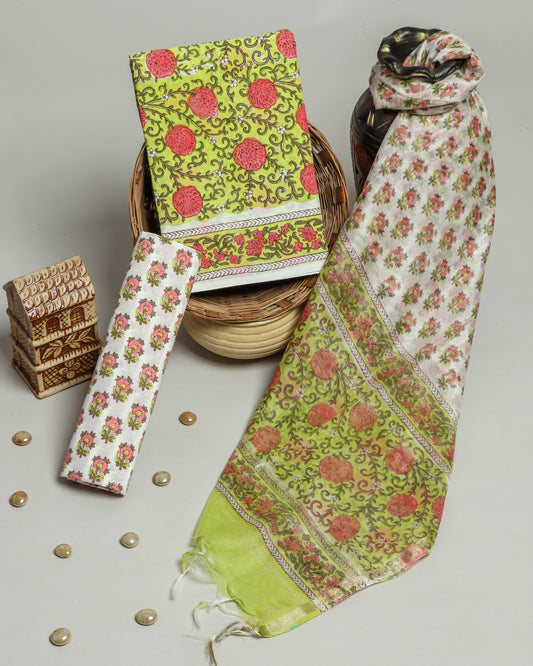 Hand Block Printed Cotton Suit with Chanderi Dupatta