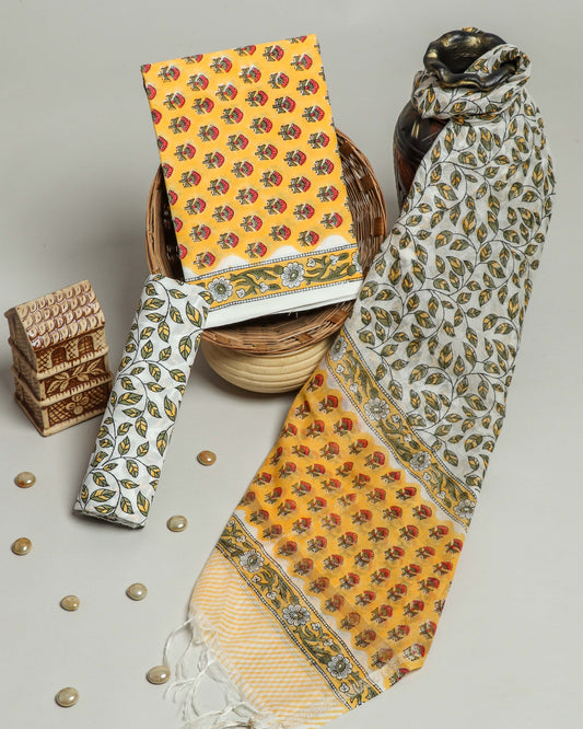 Hand Block Printed Cotton Suit with Chanderi Dupatta