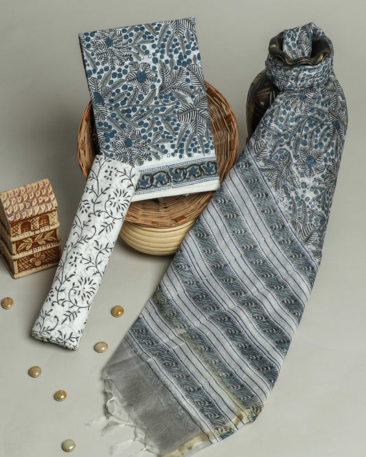 Hand Block Printed Cotton Suit with Chanderi Dupatta