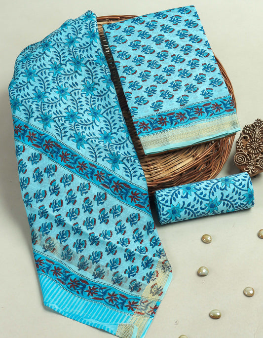 Hand Block Printed Maheshwari Silk Suit with Maheshwari Silk Dupatta