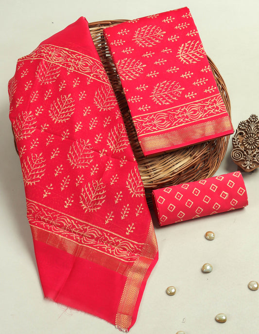 Hand Block Printed Maheshwari Silk Suit with Maheshwari Silk Dupatta