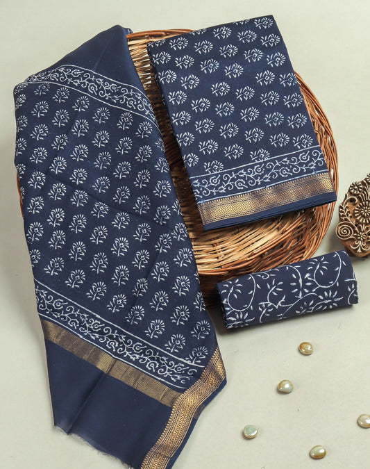 Hand Block Printed Maheshwari Silk Suit with Maheshwari Silk Dupatta