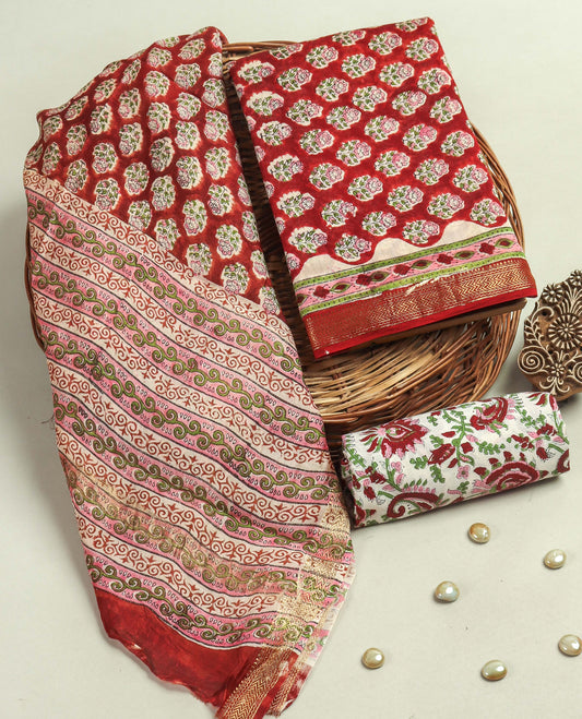 Hand Block Printed Maheshwari Silk Suit with Maheshwari Silk Dupatta