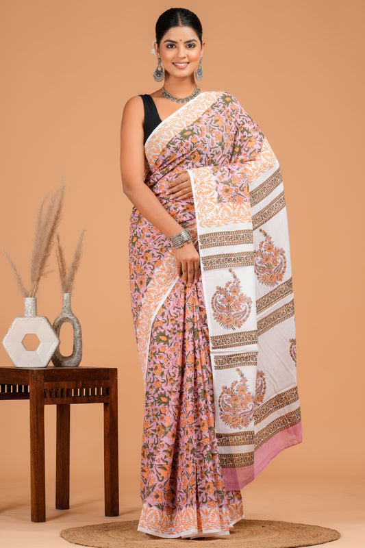 Floral Jaal Hand Block Printed Cotton Mulmul Saree with Blouse Piece
