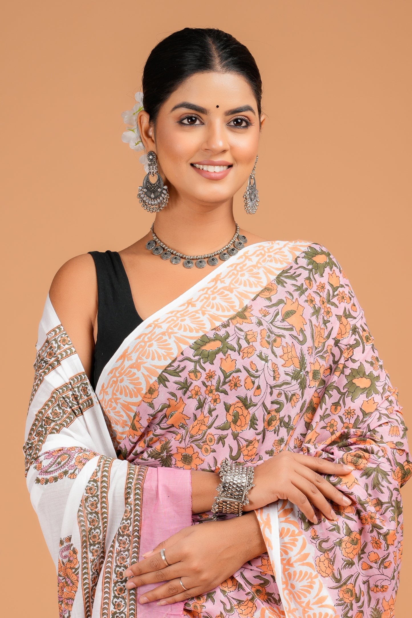 Floral Jaal Hand Block Printed Cotton Mulmul Saree with Blouse Piece