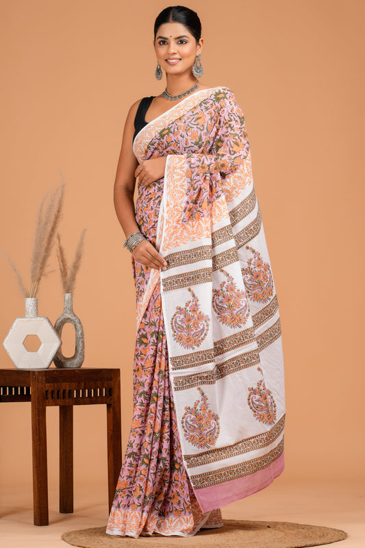 Floral Jaal Hand Block Printed Cotton Mulmul Saree with Blouse Piece