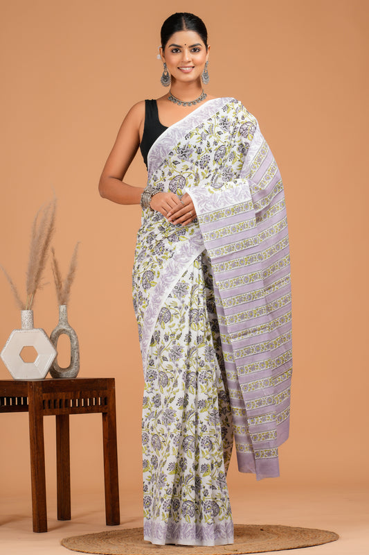 Hand Block Printed Floral Cotton Mulmul Saree with Blouse Piece