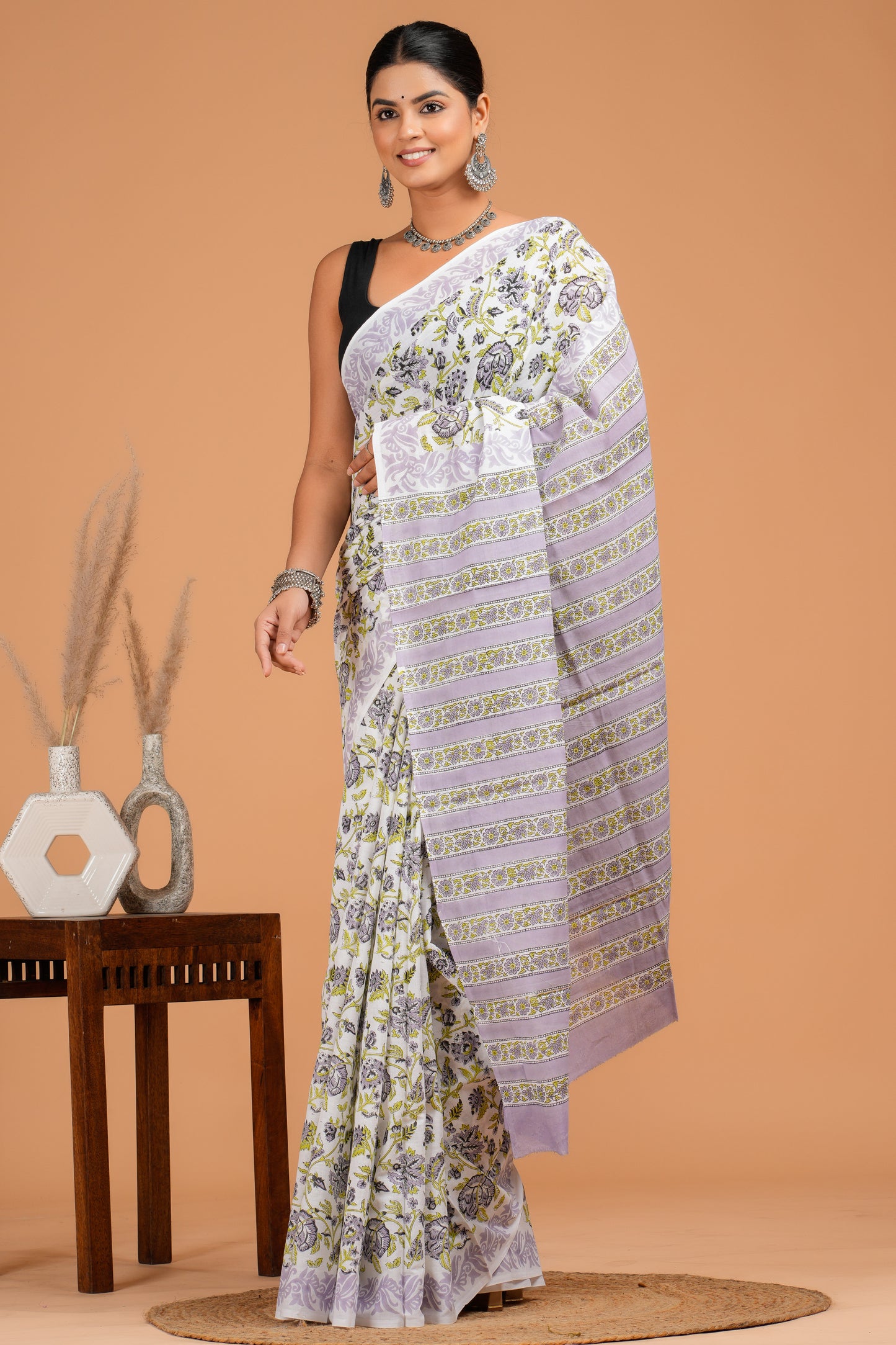 Hand Block Printed Floral Cotton Mulmul Saree with Blouse Piece