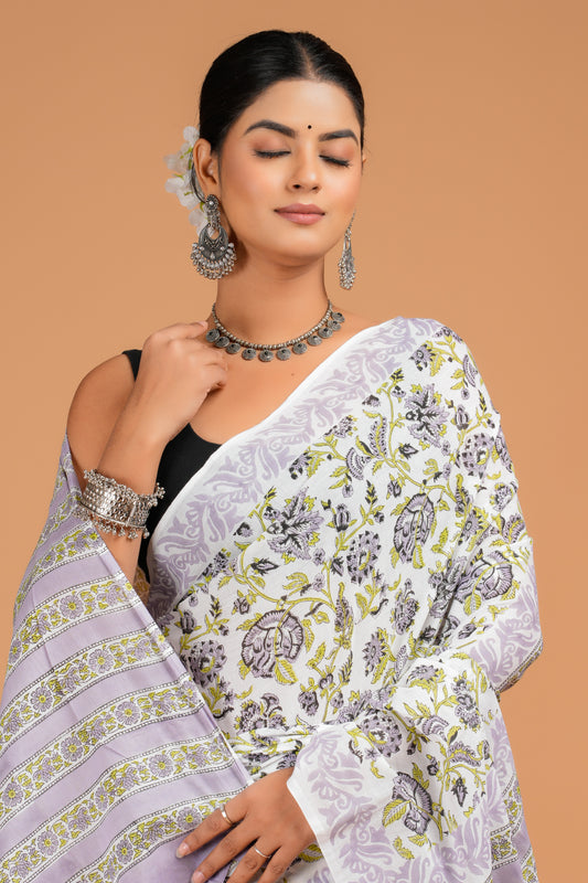 Hand Block Printed Floral Cotton Mulmul Saree with Blouse Piece