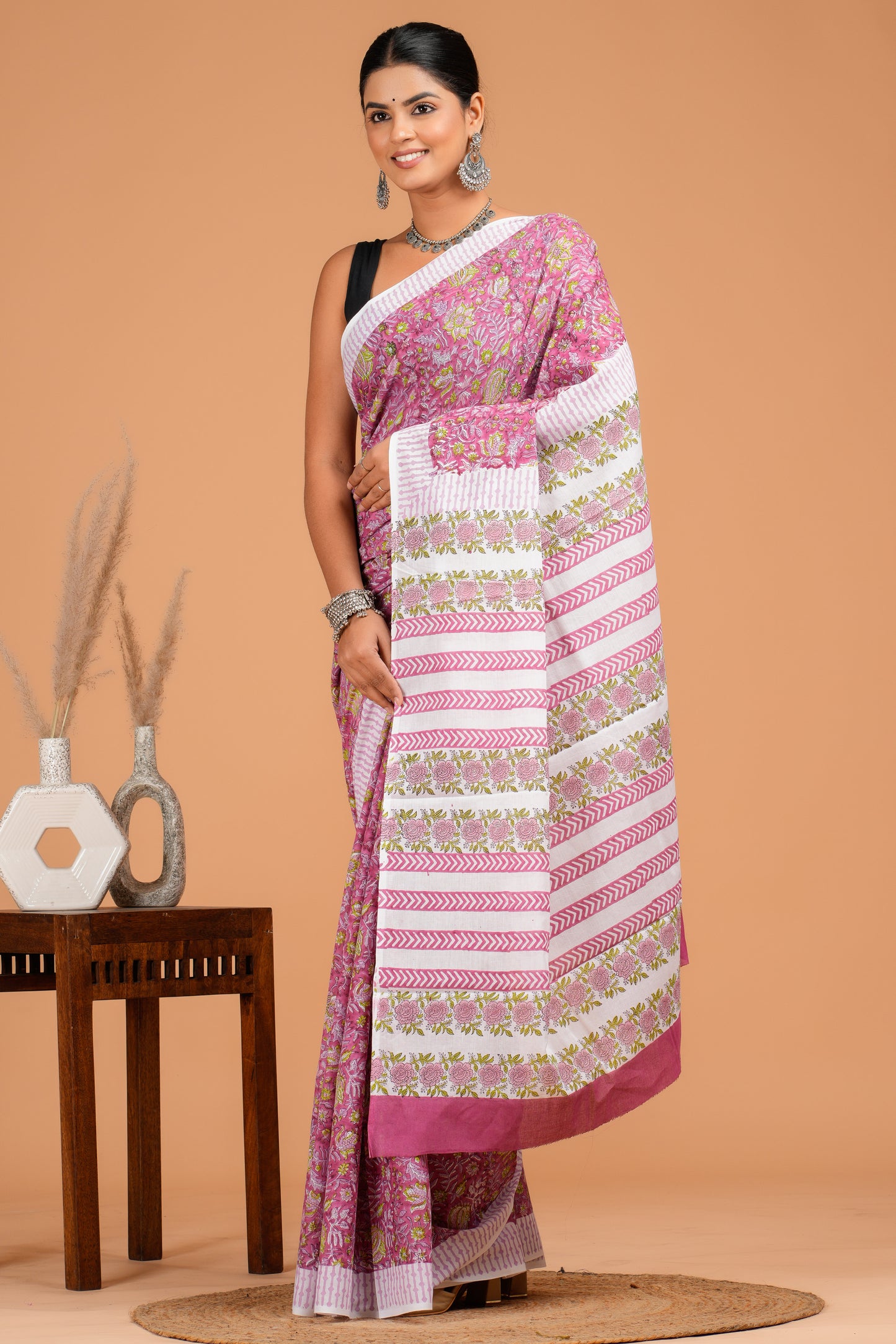Hand Block Printed Floral Cotton Mulmul Saree with Blouse Piece