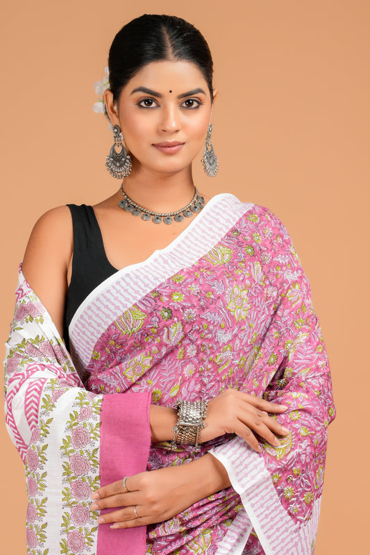 Hand Block Printed Floral Cotton Mulmul Saree with Blouse Piece