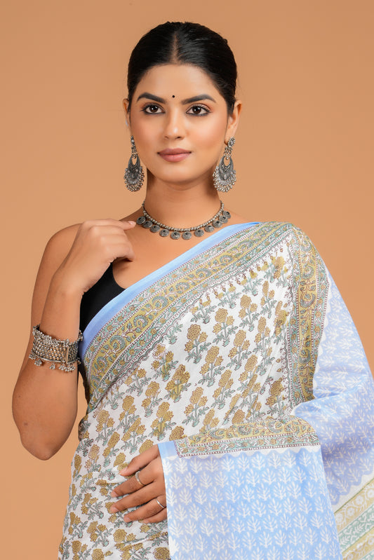 Hand Block Printed Floral Cotton Mulmul Saree with Blouse Piece