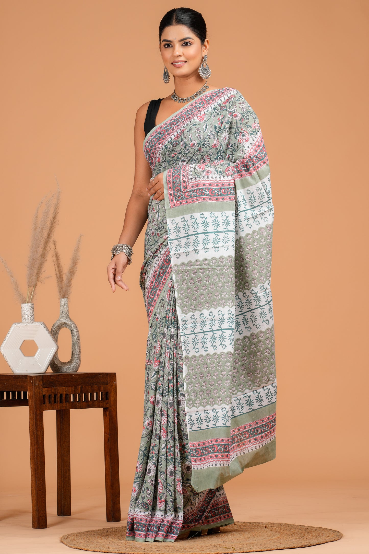 Hand Block Printed Floral Cotton Mulmul Saree with Blouse Piece