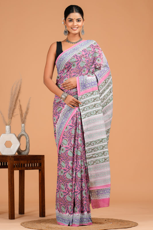 Hand Block Printed Floral Cotton Mulmul Saree with Blouse Piece
