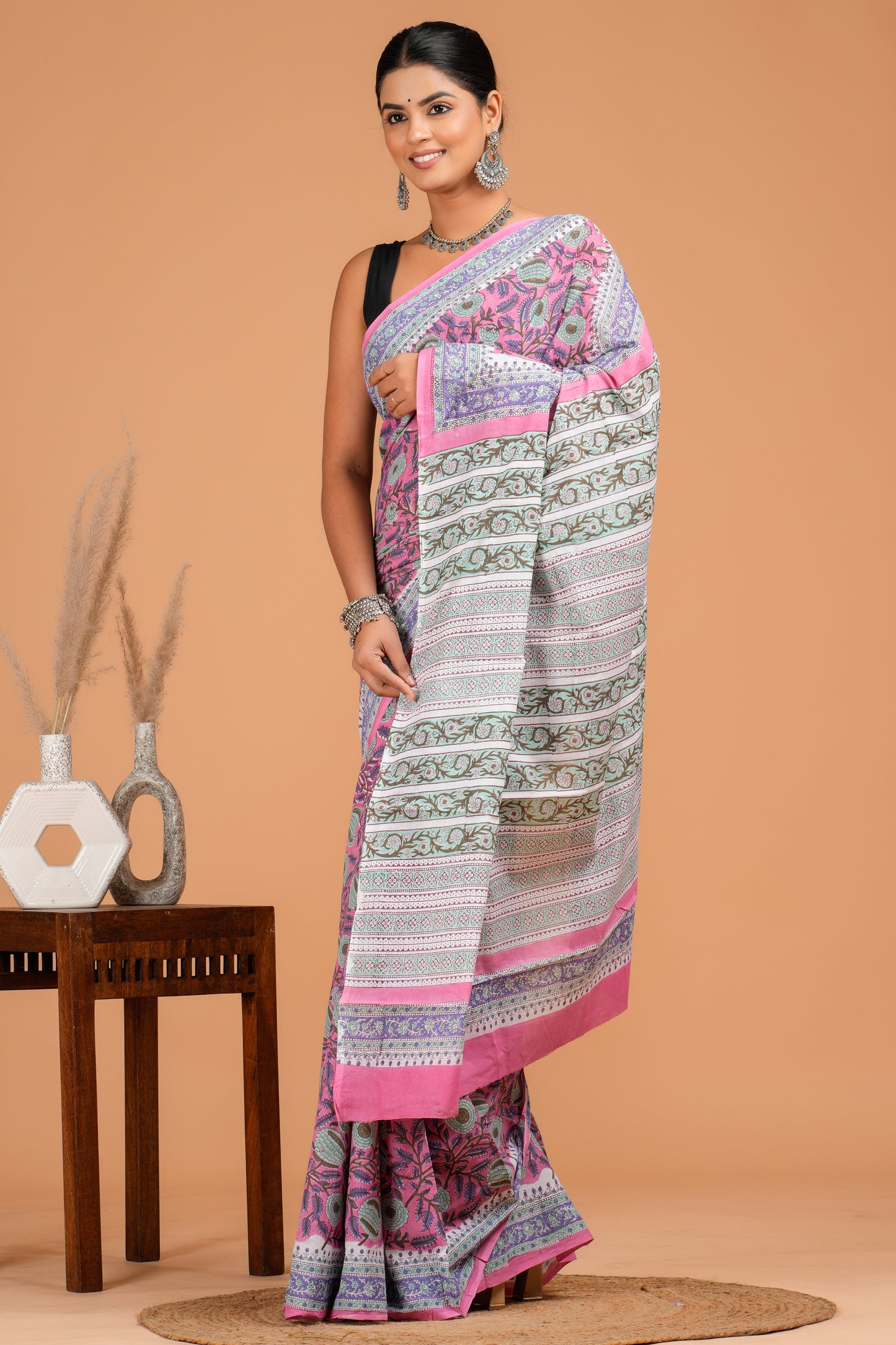 Hand Block Printed Floral Cotton Mulmul Saree with Blouse Piece
