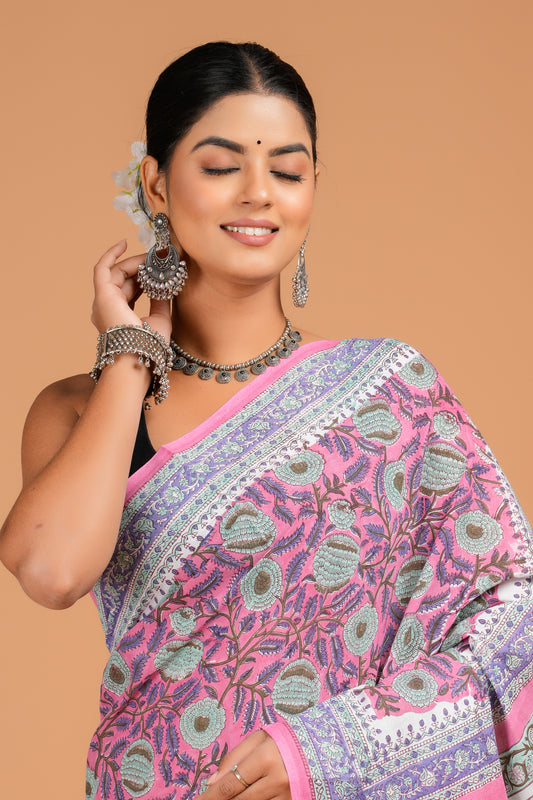 Hand Block Printed Floral Cotton Mulmul Saree with Blouse Piece