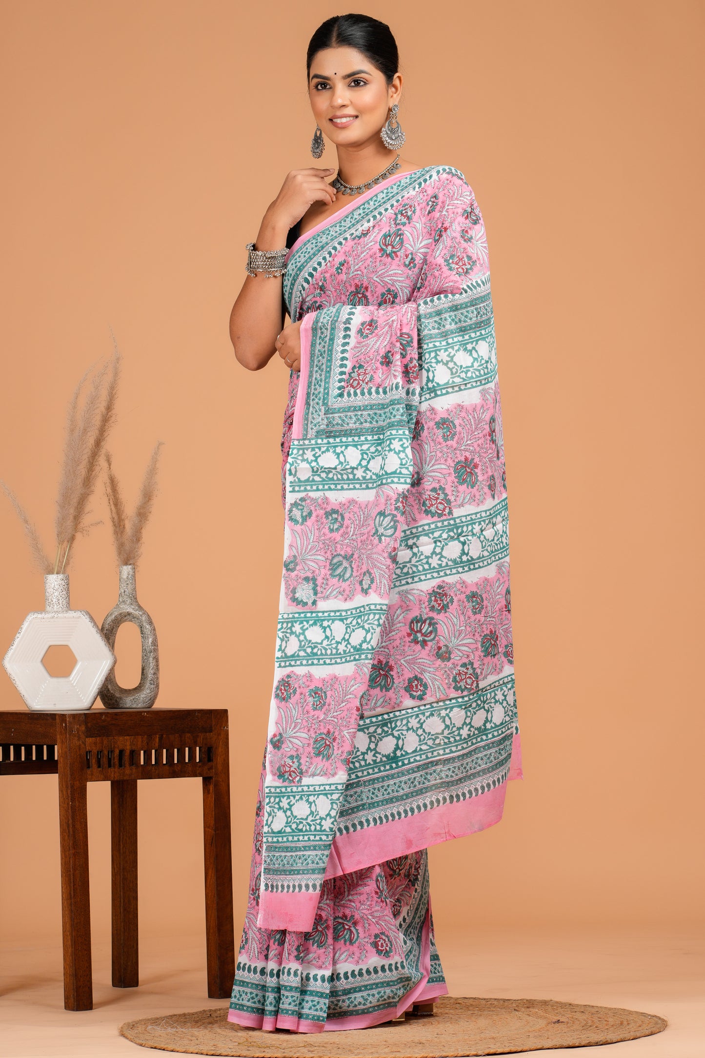 Hand Block Printed Floral Cotton Mulmul Saree with Blouse Piece