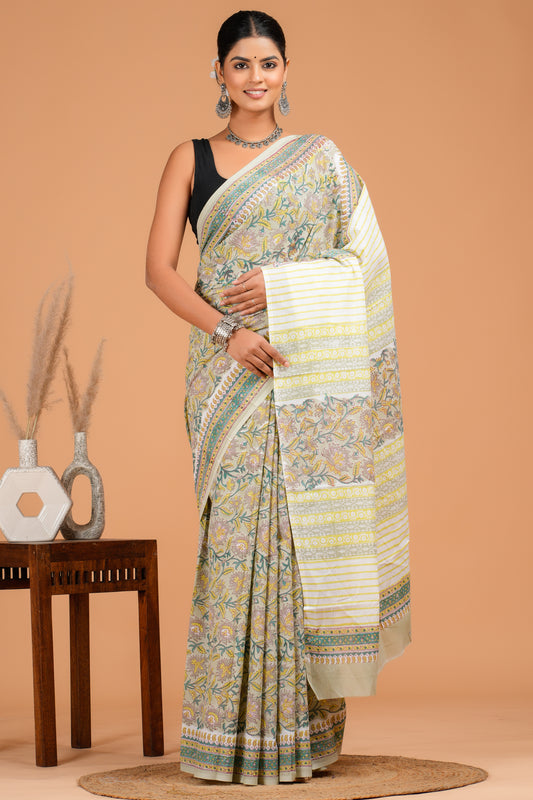 Hand Block Printed Floral Cotton Mulmul Saree with Blouse Piece