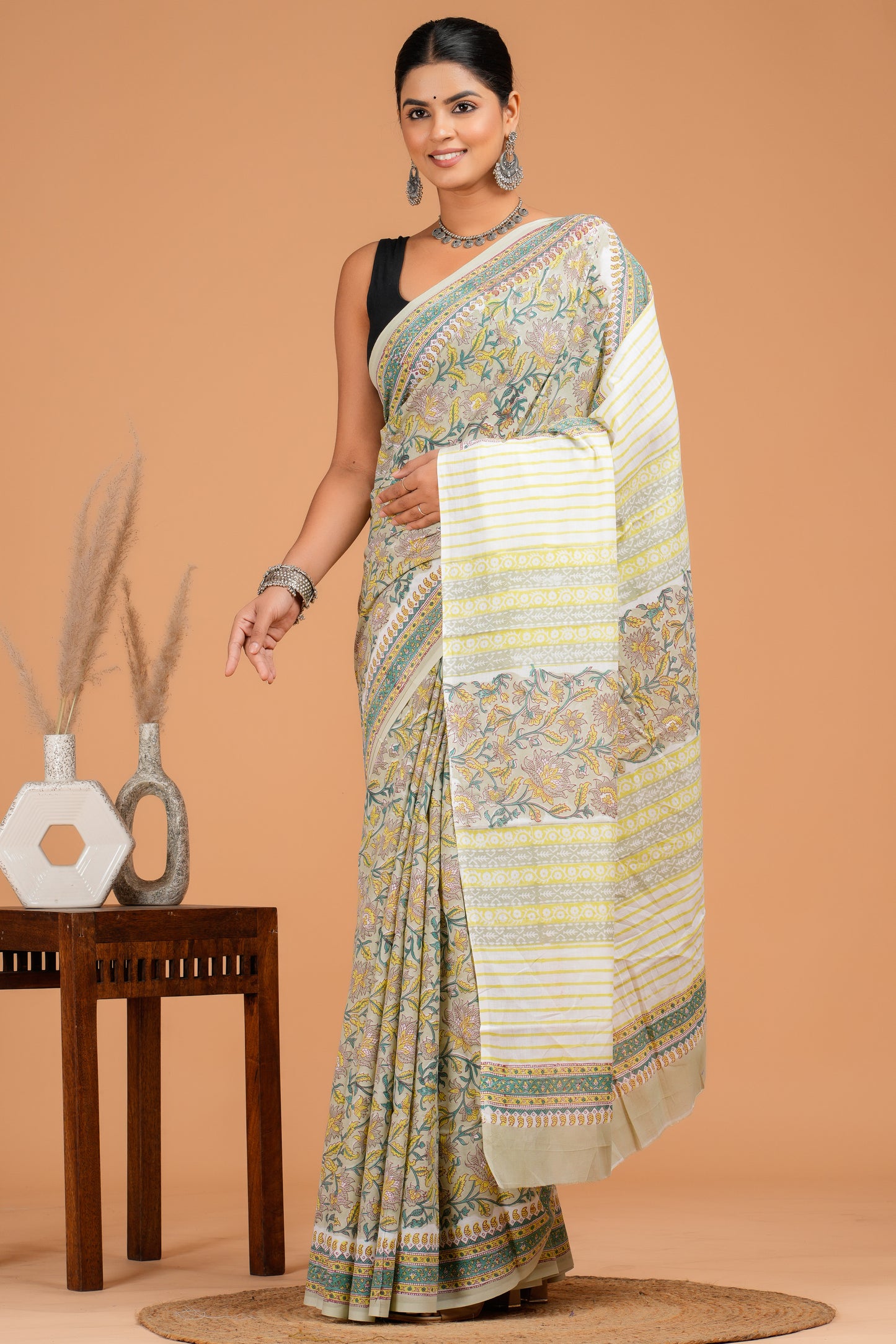 Hand Block Printed Floral Cotton Mulmul Saree with Blouse Piece