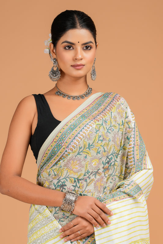 Hand Block Printed Floral Cotton Mulmul Saree with Blouse Piece