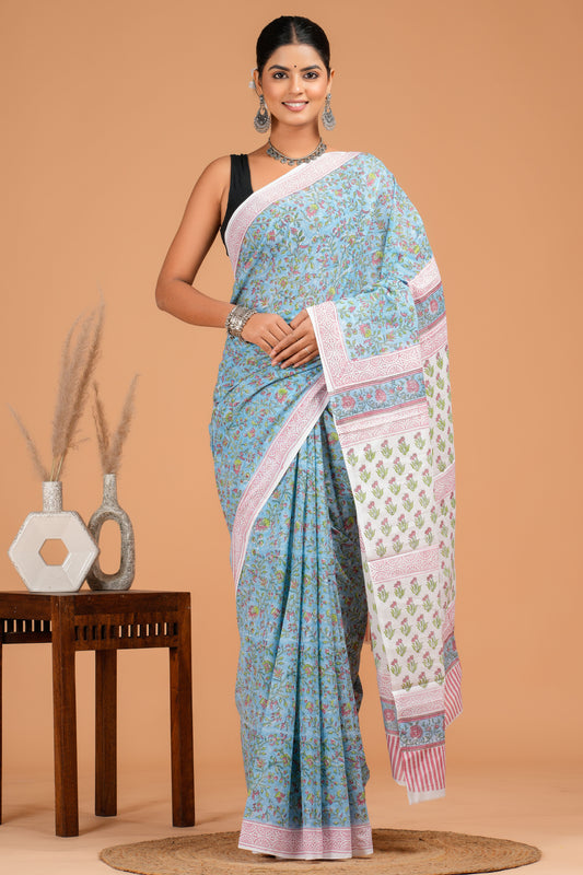 Hand Block Printed Floral Cotton Mulmul Saree with Blouse Piece