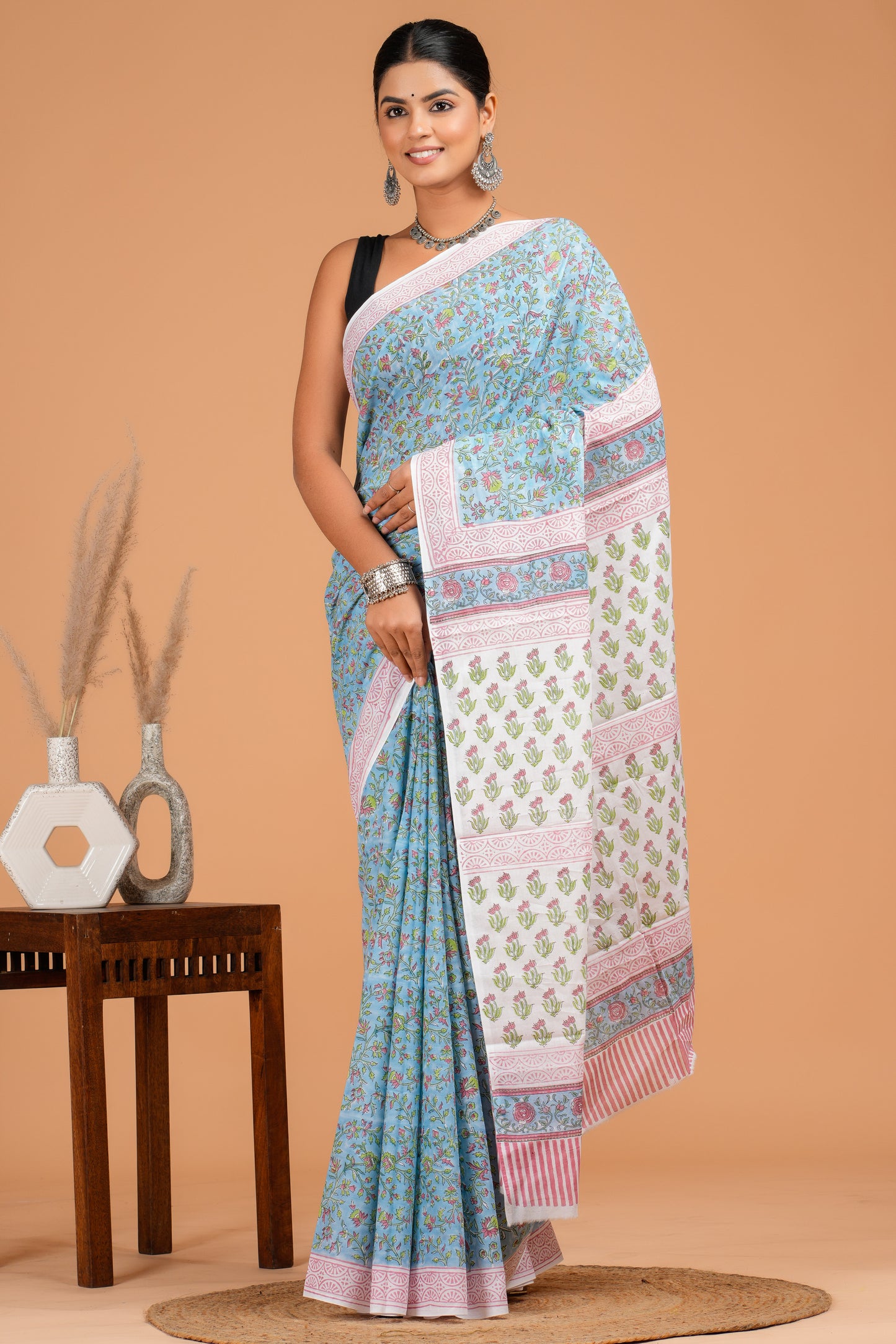 Hand Block Printed Floral Cotton Mulmul Saree with Blouse Piece