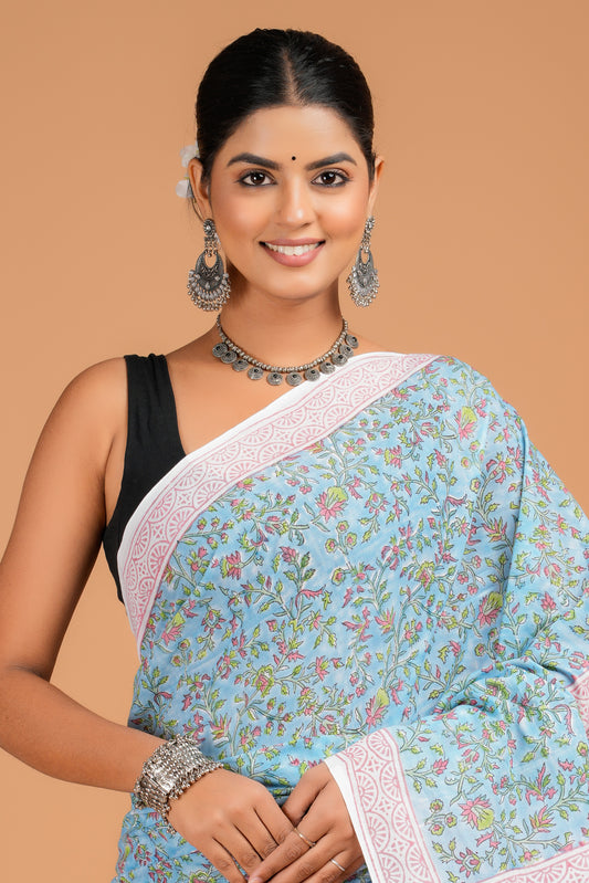 Hand Block Printed Floral Cotton Mulmul Saree with Blouse Piece
