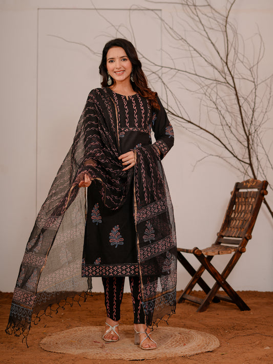 STITCHED Hand Block Printed Cotton suit with kota doria Dupatta