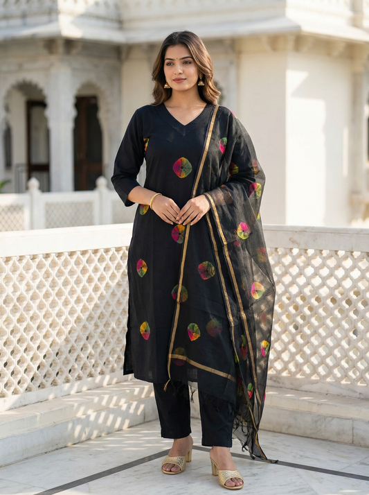 STITCHED Hand Block Printed Cotton suit with kota doria Dupatta