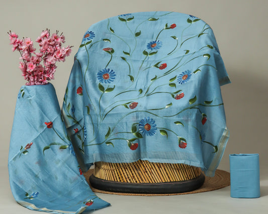 Hand Brush Painted Maheshwari Silk Suit with Maheshwari Silk Dupatta