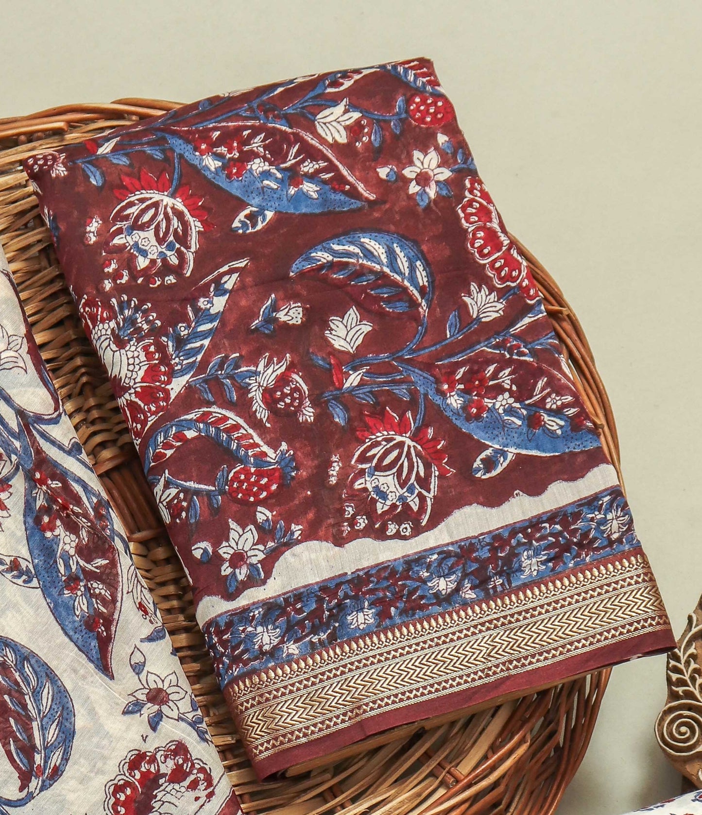 Hand Block Printed Maheshwari Silk Suit with Maheshwari Silk Dupatta