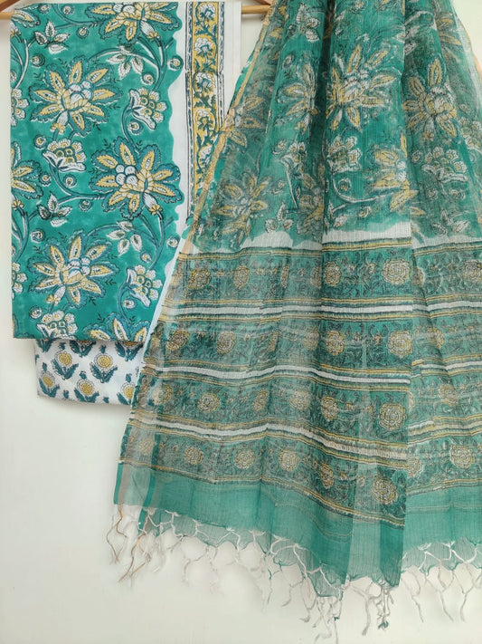 Hand Block Printed Cotton Suit with Cotton Kota Doria dupatta