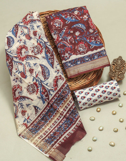 Hand Block Printed Maheshwari Silk Suit with Maheshwari Silk Dupatta