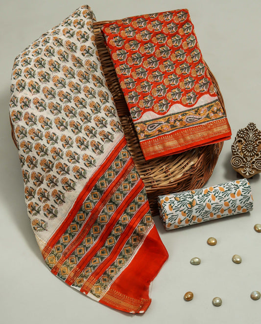 Hand Block Printed Maheshwari Silk Suit with Maheshwari Silk Dupatta