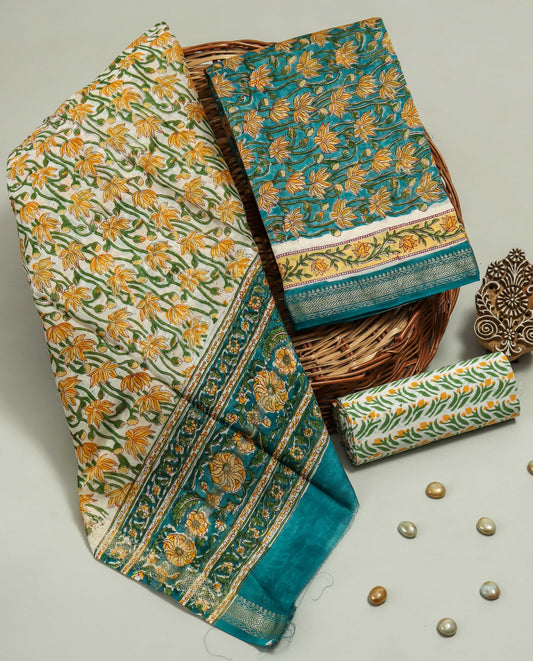 Hand Block Printed Maheshwari Silk Suit with Maheshwari Silk Dupatta