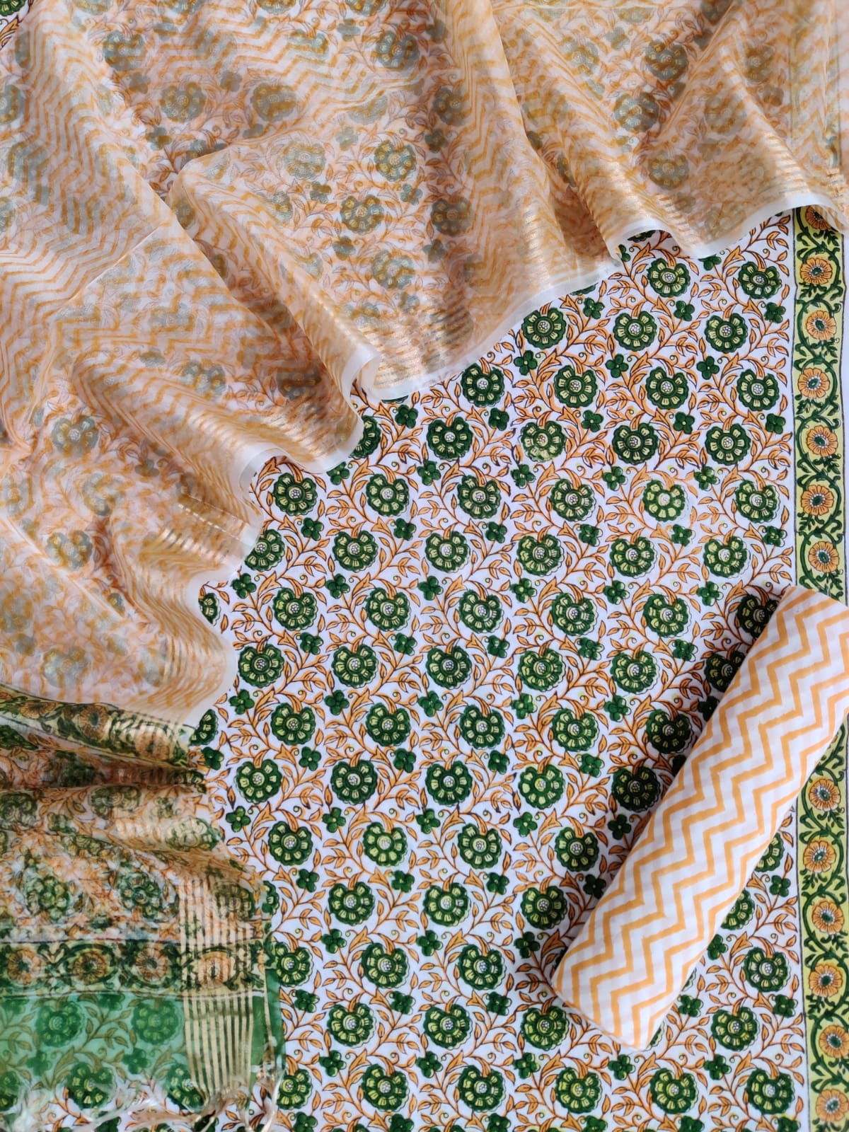 Designer Hand Block Printed Cotton Suit with Organza dupatta