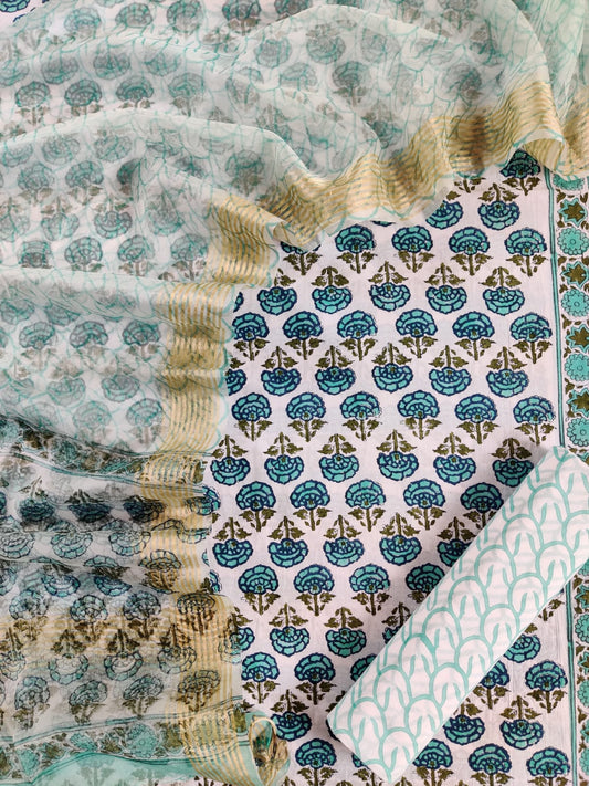 Hand Block Printed Cotton Suit with Organza dupatta