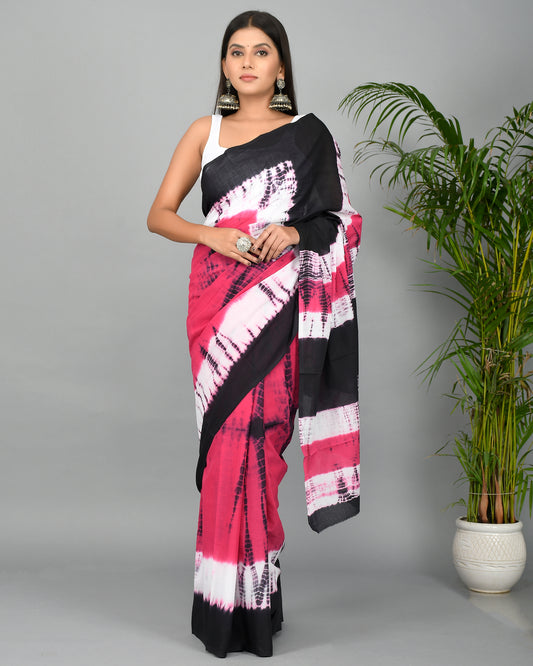 Tie and Dye Hand Block Printed Cotton Mulmul Saree with Blouse Piece