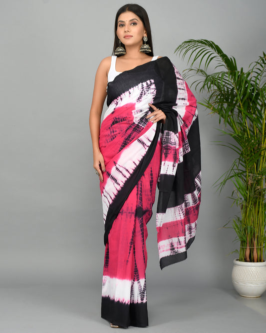 Tie and Dye Hand Block Printed Cotton Mulmul Saree with Blouse Piece